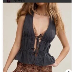 aerie Charcoal Smocked Tie-Front Tank Top